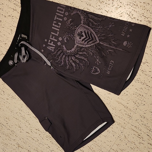 Affliction Embroidered Spell Out Shorts - Picture 2 of 16